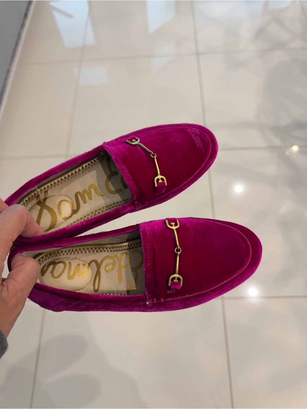 Sam Edelman Velvet Horsebit Loafers in Fuchsia with Gold Hardware